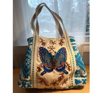 America & Beyond Beaded Butterfly Canvas Tote Blue Boho Bag